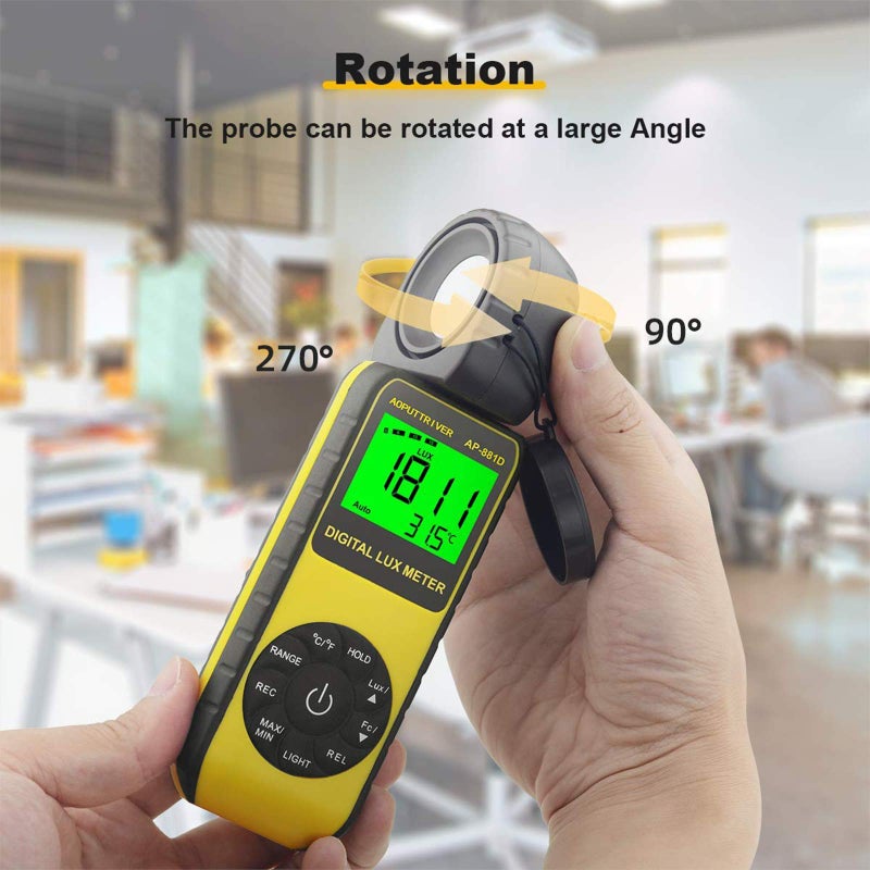 AOPUTTRIVER Light Meters, AP-881D Lux Meter with Ambient Temperatureï¼ˆâ„ƒ/â„‰ï¼‰Measurer Light 0.01~400,000 Lux (0.01~40,000 FC), Luxmeter with 270Âº Rotated Sensor, Back Light, Data storag for Plants LED Indoor Lights - Image 4